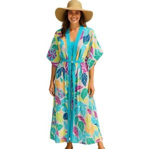 True Destinations Multicolor Floral floor length Kimono swim coverup Medium